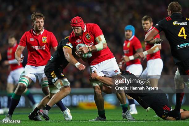 James Haskell of the Lions is wrapped up by the Chiefs defence during the 2017 British & Irish Lions tour match between the Chiefs and the British &...