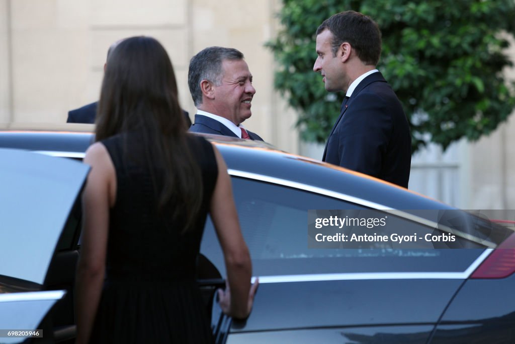 French President Emmanuel Macron Receives King Abdullah II Of Jordan And Queen Rania Of Jordan At Elysee Palace