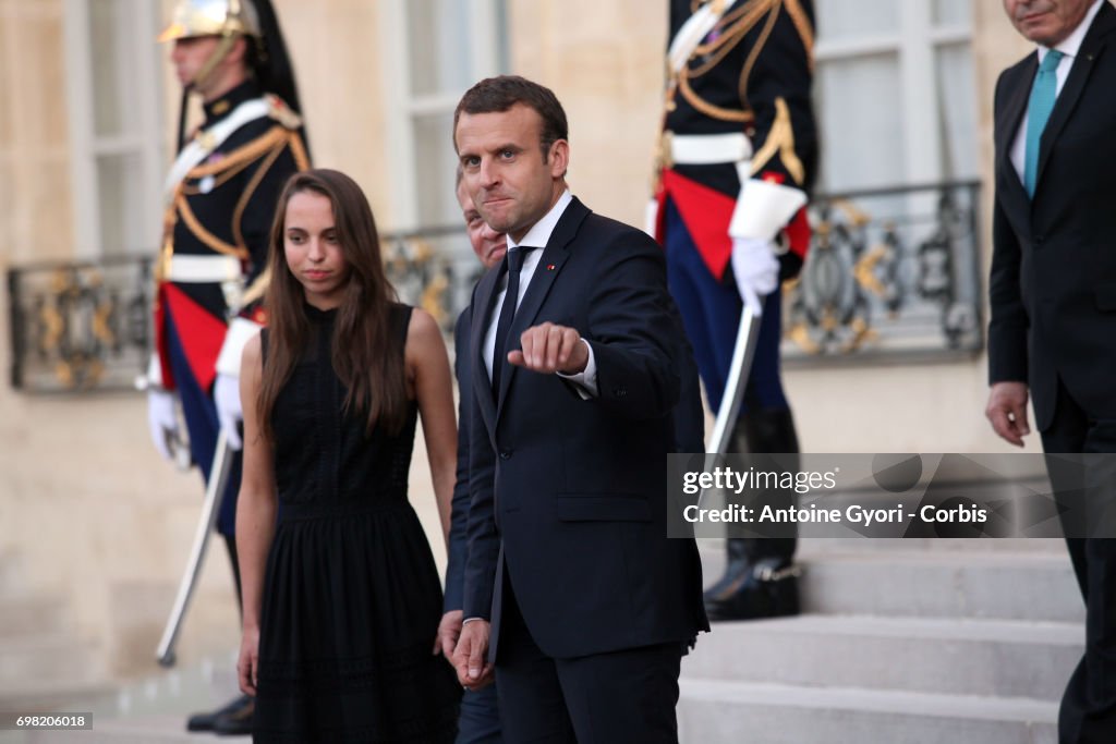 French President Emmanuel Macron Receives King Abdullah II Of Jordan And Queen Rania Of Jordan At Elysee Palace