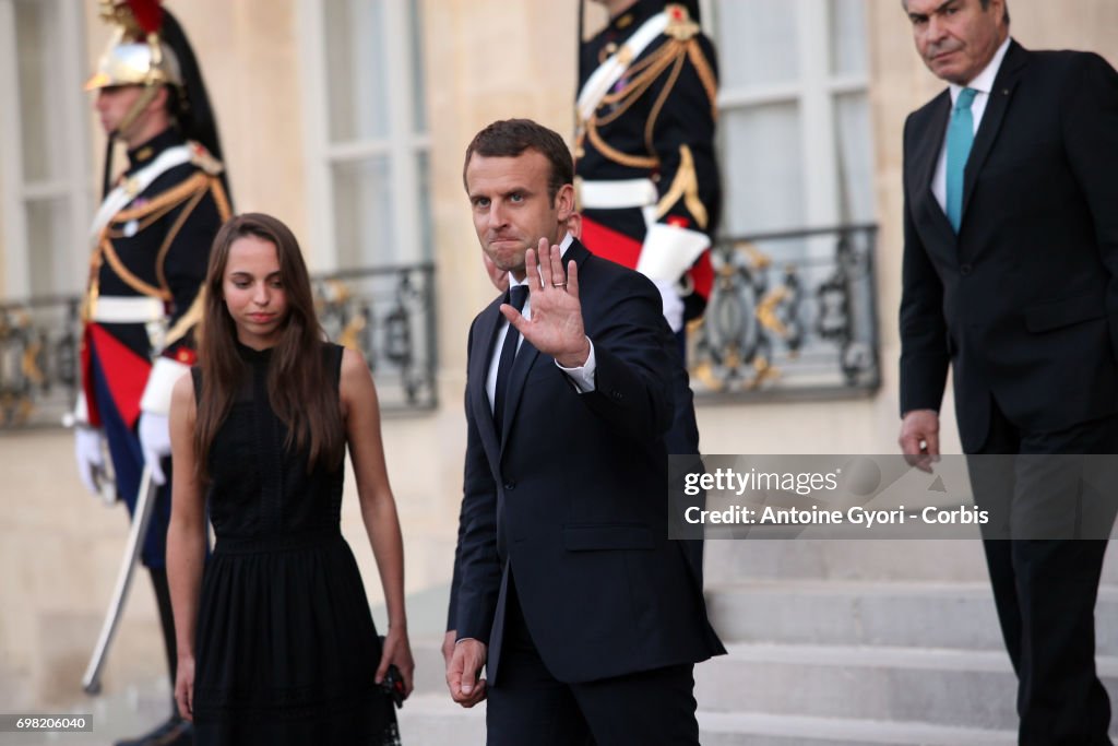 French President Emmanuel Macron Receives King Abdullah II Of Jordan And Queen Rania Of Jordan At Elysee Palace