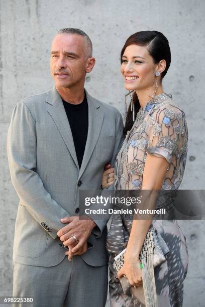 Eros Ramazzotti and Marica Pellegrinelli attends the Giorgio Armani show during Milan Men's Fashion Week Spring/Summer 2018 on June 19, 2017 in...