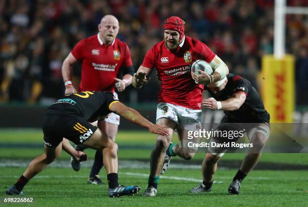 James Haskell of the Lions is tackled by Chase Tiatia of the Chiefs during the 2017 British & Irish Lions tour match between the Chiefs and the...