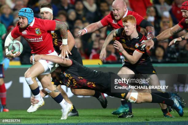 British and Irish Lions' Jack Nowell is tackled during the rugby match between the British and Irish Lions and the Waikato Chiefs at FMG Stadium...