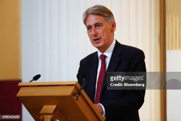 Philip Hammond, U.K. Chancellor of the exchequer, speaks at the delayed annual Mansion House speech, usually delivered at the annual Bankers and...