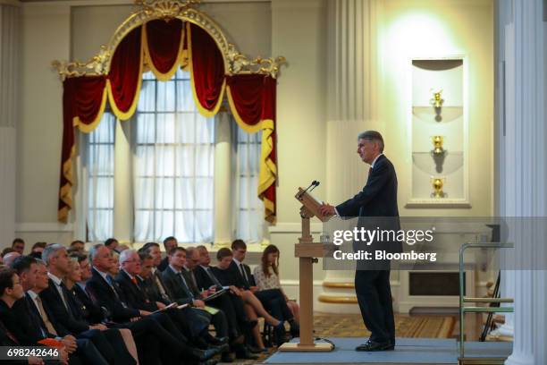 Philip Hammond, U.K. Chancellor of the exchequer, speaks at the delayed annual Mansion House speech, usually delivered at the annual Bankers and...