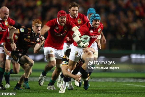 Jack Nowell of the Lions is tackled by Lachlan Boshier of the Chiefs during the 2017 British & Irish Lions tour match between the Chiefs and the...