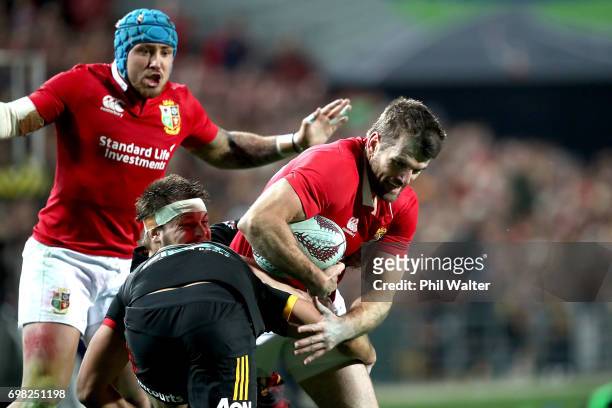 Jared Payne of the Lions is tackled during the match between the Chiefs and the British & Irish Lions at Waikato Stadium on June 20, 2017 in...