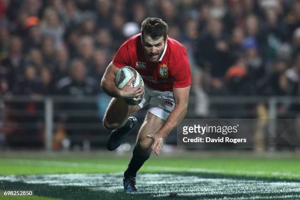 Jared Payne of the Lions goes over to score his team's third try during the 2017 British & Irish Lions tour match between the Chiefs and the British...