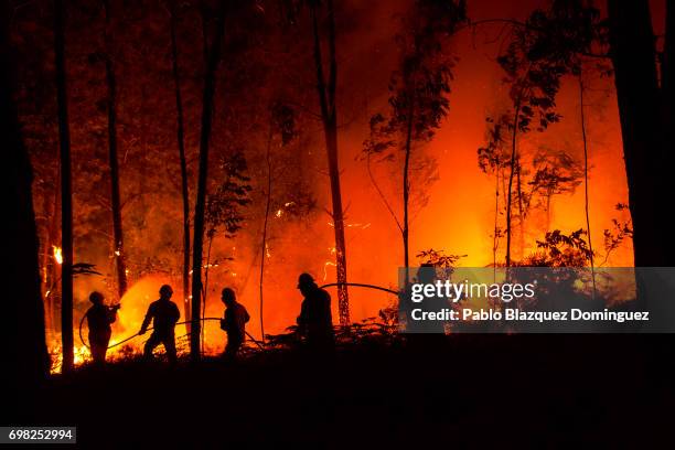 National Republican Guards GIPS and firefighters try to extinguish a fire in a forest after a wildfire took dozens of lives on June 19, 2017 near...