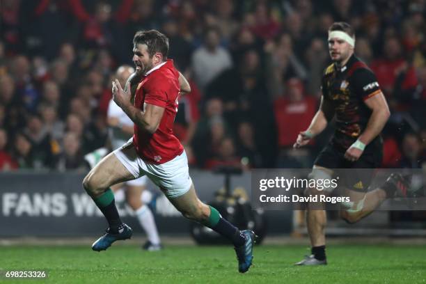 Jared Payne of the Lions runs in his team's third try during the 2017 British & Irish Lions tour match between the Chiefs and the British & Irish...