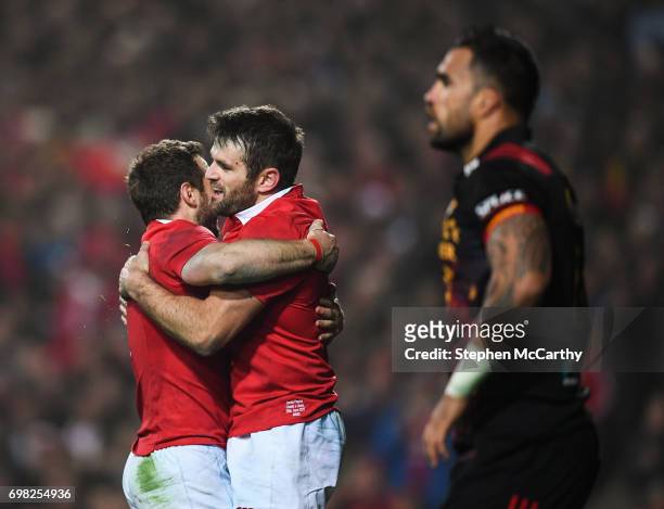 Hamilton , New Zealand - 20 June 2017; Jared Payne is congratulated by his British and Irish Lions team-mate Greig Laidlaw, left, after scoring his...