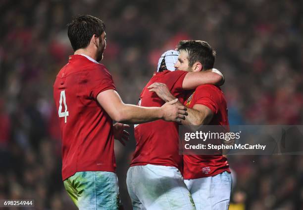 Hamilton , New Zealand - 20 June 2017; Jared Payne is congratulated by his British and Irish Lions team-mates Rory Best, centre, and Iain Henderson,...