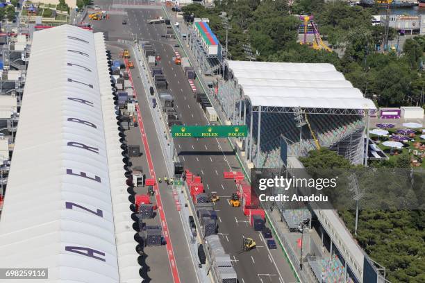 An aerial view of a street after it was pedestrianized and turned into a track ahead of 2017 Formula 1 Azerbaijan Grand Prix which will be held on...