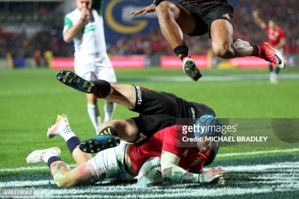 British and Irish Lions' Jack Nowell dives in for a try during the rugby match between the British and Irish Lions and the Waikato Chiefs at FMG...