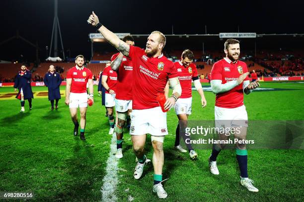 James Haskell of the Lions thanks the crowd after winning the match between the Chiefs and the British & Irish Lions at Waikato Stadium on June 20,...