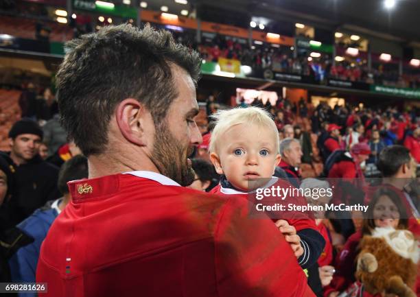 Hamilton , New Zealand - 20 June 2017; Jared Payne of the British & Irish Lions with his 11-month-old son Jake following the match between the Chiefs...