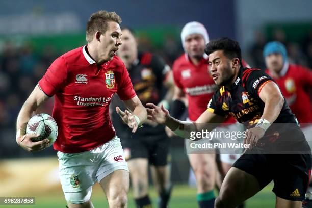 Liam Williams of the Lions is tackled during the match between the Chiefs and the British & Irish Lions at Waikato Stadium on June 20, 2017 in...