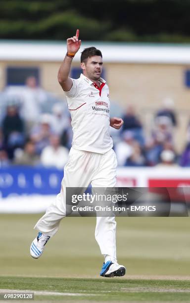 Lancashire's James Anderson celebrates the wicket of Sussex's Craig Cachopa during the LV County Championship match at the County Ground in Hove,...