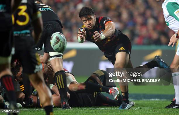 Chiefs player Luteru Laulala clears the ball during the rugby union match between the British and Irish Lions and the Waikato Chiefs at FMG Stadium...