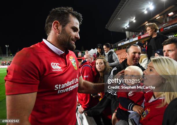 Hamilton , New Zealand - 20 June 2017; Jared Payne of the British & Irish Lions with his fiance Christina Beattie and 11-month-old son Jake following...