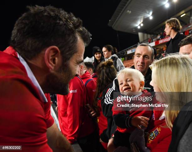 Hamilton , New Zealand - 20 June 2017; Jared Payne of the British & Irish Lions with his fiance Christina Beattie and 11-month-old son Jake following...