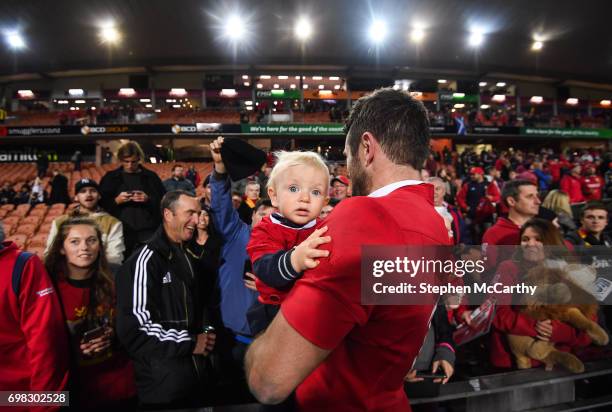 Hamilton , New Zealand - 20 June 2017; Jared Payne of the British & Irish Lions with his 11-month-old son Jake following the match between the Chiefs...