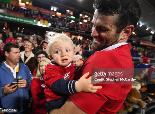 Hamilton , New Zealand - 20 June 2017; Jared Payne of the British & Irish Lions with his 11-month-old son Jake following the match between the Chiefs...