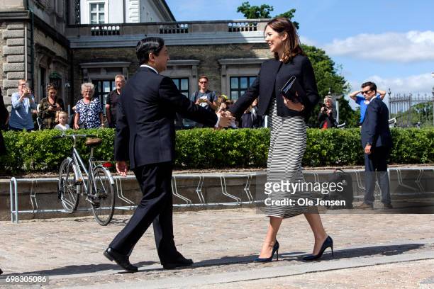 Crown Prince Naruhito of Japan is greeted by Crown Princess Mary of Denmark at the harbour where they will take a boat trip through the channels to...