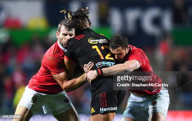 Hamilton , New Zealand - 20 June 2017; Johnny Faauli of the Chiefs is tackled by Jared Payne, left, and Robbie Henshaw of the British and Irish Lions...