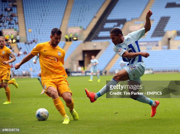 Coventry City's Simeon Jackson and Preston North End's Bailey Wright challenge for the ball