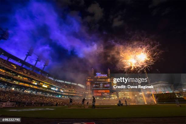 The post game fireworks show after a MLB game between the Detroit Tigers and the Tampa Bay Rays at Comerica Park on June 16, 2017 in Detroit,...