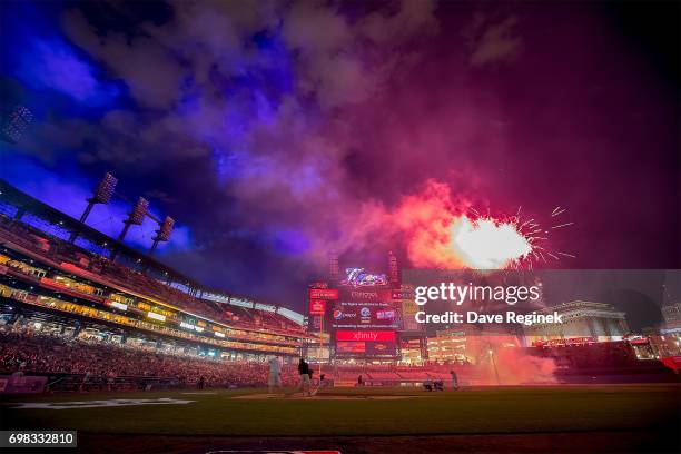 The post game fireworks show after a MLB game between the Detroit Tigers and the Tampa Bay Rays at Comerica Park on June 16, 2017 in Detroit,...