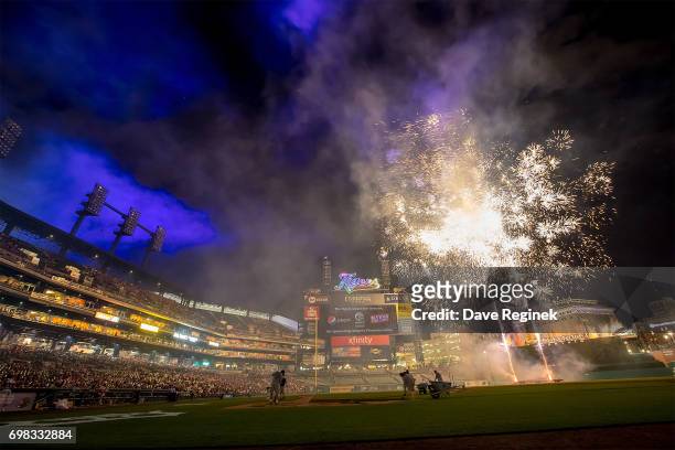 The post game fireworks show after a MLB game between the Detroit Tigers and the Tampa Bay Rays at Comerica Park on June 16, 2017 in Detroit,...