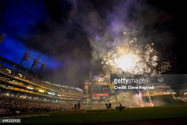 The post game fireworks show after a MLB game between the Detroit Tigers and the Tampa Bay Rays at Comerica Park on June 16, 2017 in Detroit,...