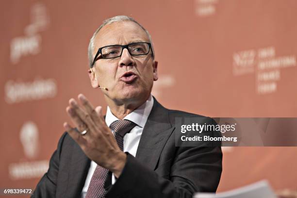 Romeo Lacher, chairman of Six Group AG, gestures as he speaks during the Swiss International Finance Forum in Bern, Switzerland, on Tuesday, June 20,...