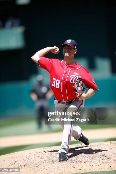 Jacob Turner of the Washington Nationals pitches during the game against the Oakland Athletics at the Oakland Alameda Coliseum on June 3, 2017 in...