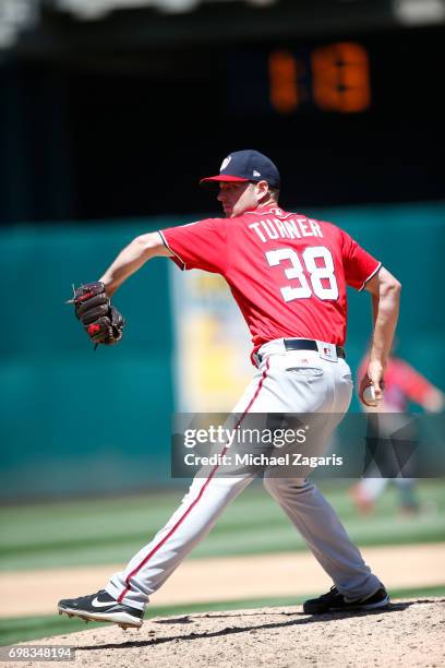 Jacob Turner of the Washington Nationals pitches during the game against the Oakland Athletics at the Oakland Alameda Coliseum on June 3, 2017 in...