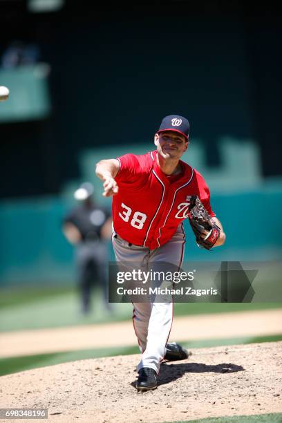 Jacob Turner of the Washington Nationals pitches during the game against the Oakland Athletics at the Oakland Alameda Coliseum on June 3, 2017 in...