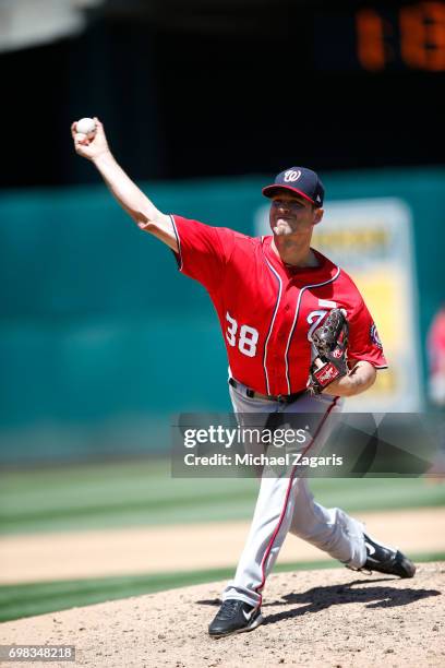 Jacob Turner of the Washington Nationals pitches during the game against the Oakland Athletics at the Oakland Alameda Coliseum on June 3, 2017 in...