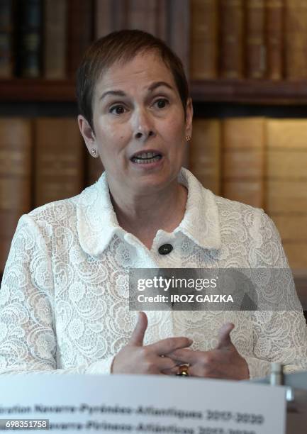 President of Navarre Uxue Barkos delivers a speech prior to the signing of a transboundary agreement with president of Pyrenees-Atlantiques...