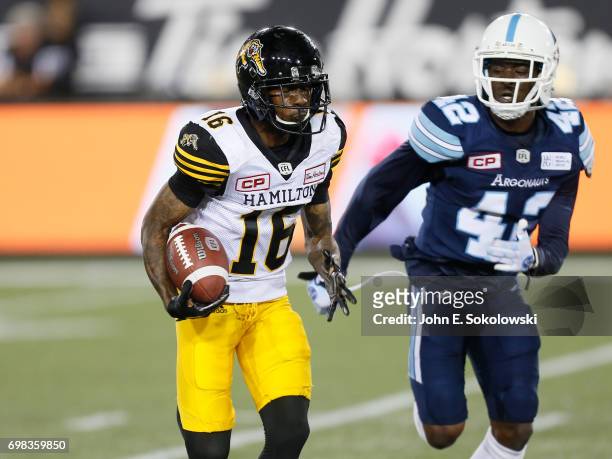June 16: Brandon Banks of the Hamilton Tiger-Cats tries to outrun Winston Rose of the Toronto Argonauts during a CFL pre-season game at Tim Hortons...