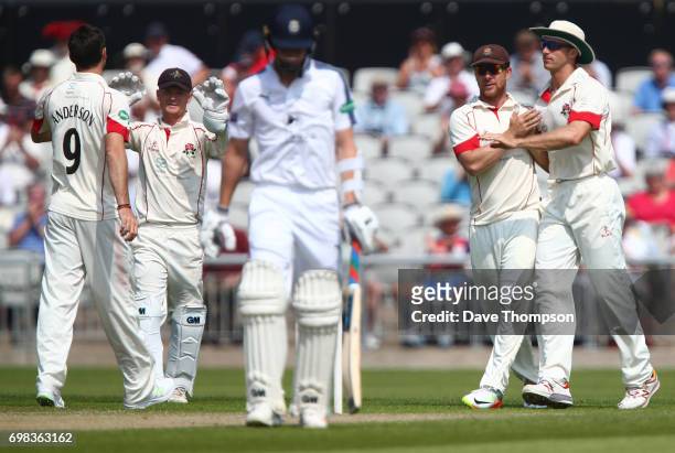 Ryan McLaren of Lancashire after taking a catch off the bowling of James Anderson to dismiss Brad Taylor of Hampshire during day two of the...