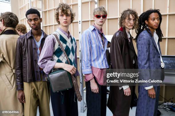 Models are seen backstage ahead of the Marni show during Milan Men's Fashion Week Spring/Summer 2018on June 17, 2017 in Milan, Italy.