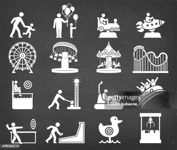 amusement park and carnival vector icon set on chalk board - amusement park stock illustrations