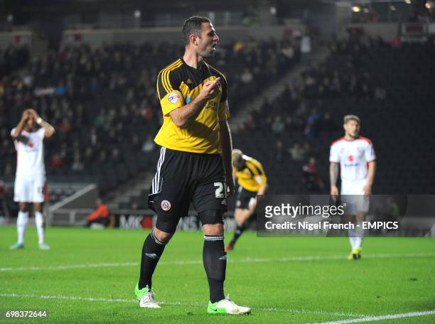 Sheffield United's Michael Higdon celebrates after scoring his sides second goal of the game against MK Dons'.