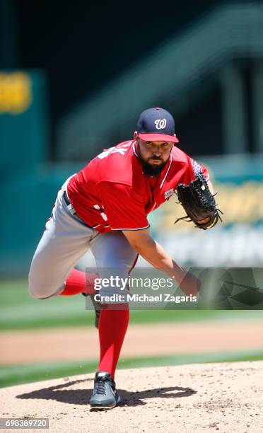 Tanner Roark of the Washington Nationals pitches during the game against the Athletics at the Oakland Alameda Coliseum on June 4, 2017 in Oakland,...