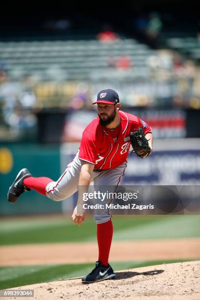 Tanner Roark of the Washington Nationals pitches during the game against the Athletics at the Oakland Alameda Coliseum on June 4, 2017 in Oakland,...