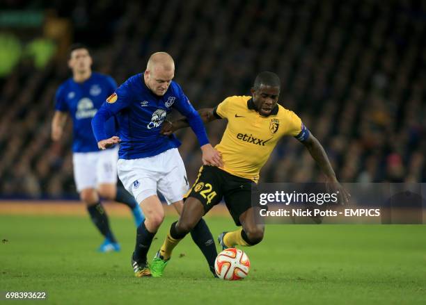 Everton's Steven Naismith and Lille's Rio Mavuba battle for the ball