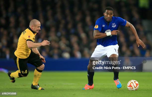 Lille's Florent Balmont and Everton's Sylvain Distin in action