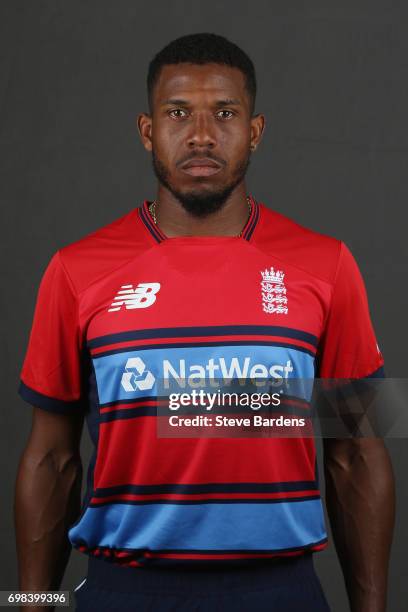 Chris Jordan of England poses for a portrait ahead of the Twenty20 International between England and South Africa at Ageas Bowl on June 20, 2017 in...